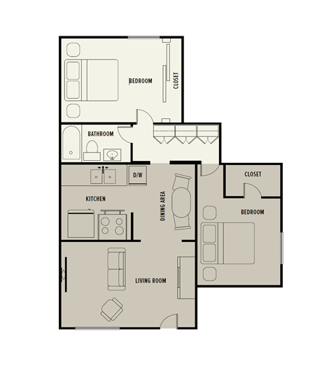 A floor plan of a house with a living room, dining room, kitchen, two bedrooms, a bathroom, and a closet.